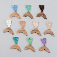 Resin & Walnut Wood Pendants, Mermaid Fishtail Shape, Mixed Color, 39x28x3mm, Hole: 2mm(RESI-S389-032A)