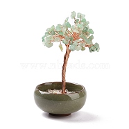 Natural Green Aventurine Chips Tree Display Decorations, with Random Color Porcelain Bowls, Copper Wire Wrapped Feng Shui Ornament for Fortune, 66x100~110mm(PW23051678531)