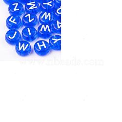 Transparent Acrylic Beads, Flat Round with White Mixed Letters, Blue, 7x4mm, Hole: 1.5mm, about 1480pcs/200g(TACR-SZ0001-01A)