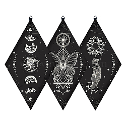 Custom Plywood Pendulum Board, Wall Hanging Ornament, for Witchcraft Wiccan Altar Supplies, Rhombus with Tarot Theme Patterns, Black, 300x170x6mm, 3 styles, 1pc/style, 3pcs/set(AJEW-WH0249-001)