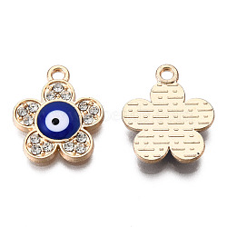 Alloy Enamel Pendants, with Crystal Rhinestone, Light Gold, Cadmium Free & Lead Free, Flower with Evil Eye, Dark Blue, 18x15x3mm, Hole: 1.8mm(PALLOY-N153-51)