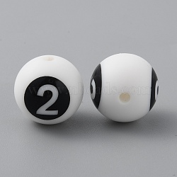 Silicone Beads, Chewing Beads For Teethers, DIY Nursing Necklaces and Bracelets Making, White Round with Black Numbers, Num.2, 13.5mm, Hole: 2.2mm(SIL-TAC0009-02B)