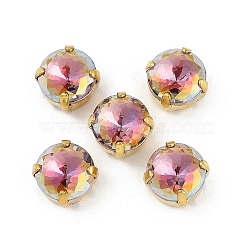 Brass Glass Rhinestone Sew on Rhinestones, Flat Round, Faceted, Fuchsia, Golden, 10x10x8mm, Hole: 0.8mm(RGLA-U001-01G-01)