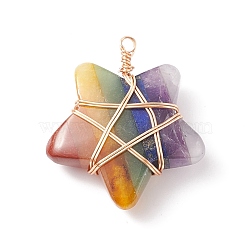 Chakra Natural Mixed Stone Pendants, Assembled Natural Amethyst & Green Aventurine & Lapis Lazuli & Carnelian/Red Agate & Red Aventurine & Red Jasper, with Copper Wire Wrapped, Star Charm, Light Gold, 36x32x10mm, Hole: 2.5mm(PALLOY-JF01878-02)