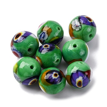 Handmade Millefiori Lampwork Beads, Round, Medium Sea Green, 10~10.5mm, Hole: 1.5mm