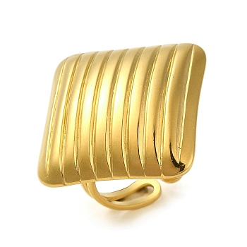 Ion Plating(IP) 304 Stainless Steel Stripe Rhombus Open Cuff Ring for Women, Real 18K Gold Plated, Adjustable