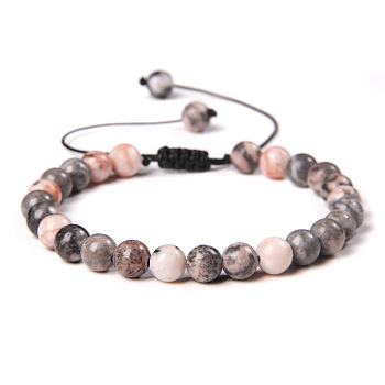 Natural Zebra Jasper Round Bead Adjustable Braided Bracelets, 6mm