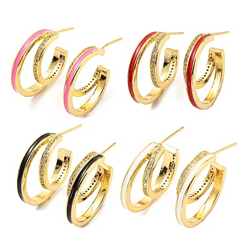 Enamel Round Stud Earrings with Cubic Zirconia, Real 18K Gold Plated Brass Half Hoop Earings, Cadmium Free & Lead Free, Mixed Color, 23x6mm