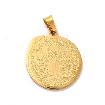 304 Stainless Steel Pendants, Flat Round with Snake & Moon Phase Charm, Golden, 28x24.5x1.5mm, Hole: 5x7.5mm