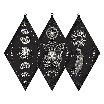 Custom Plywood Pendulum Board, Wall Hanging Ornament, for Witchcraft Wiccan Altar Supplies, Rhombus with Tarot Theme Patterns, Black, 300x170x6mm, 3 styles, 1pc/style, 3pcs/set