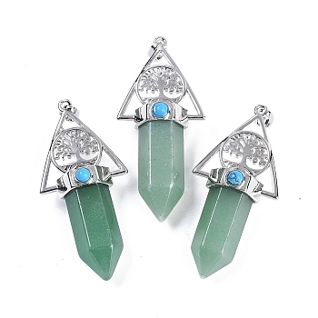 Natural Green Aventurine Faceted Pointed Bullet Big Pendants, Rack Plating Brass Tree of Life Triangle Charms, Platinum, Lead Free & Cadmium Free, 56~57x26.5~27x16.5~17mm, Hole: 6x4mm