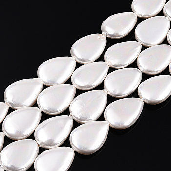 Electroplate Natural Freshwater Shell Beads Strands, Teardrop, Creamy White, 18x13x4mm, Hole: 1mm, about 23pcs/strand, 16.14 inch(41cm)