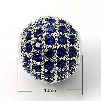 Brass Cubic Zirconia Beads, Round, Medium Blue, Platinum Metal Color, 10mm
