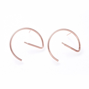 Brass Stud Earring Findings, Half Hoop Earrings, For Half Drilled Beads, with Ear Nuts and 925 Sterling Silver Pin, Letter E, Rose Gold, 29~31x29~30x1.5mm, Pin: 0.7mm and 0.9mm
