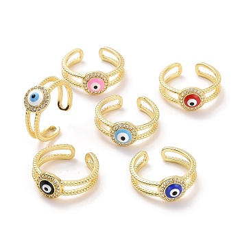 Enamel Evil Eye Open Cuff Ring with Clear Cubic Zirconia, Light Gold Plated Brass Jewelry for Women, Cadmium Free & Lead Free, Mixed Color, US Size 7 1/4(17.5mm)