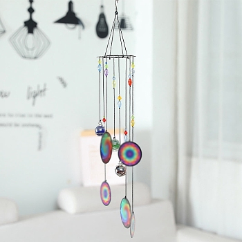 Printed Iron Wind Chime, with Glass Beads, for Outdoor Garden Home Hanging Decoration, Flower of Life, 580mm