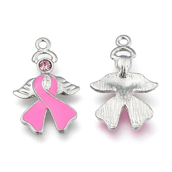 Breast Cancer Awareness Ribbon with Angel Wing Platinum Color Pearl Pink Alloy Rhinestone Enamel Pendants, 23.5x15x2mm, Hole: 1.5mm