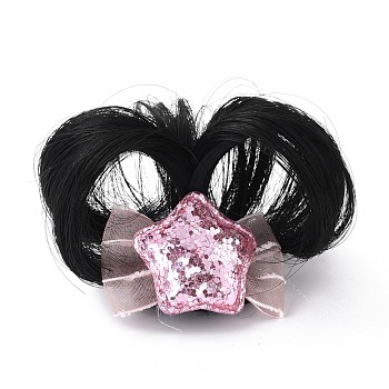 High Temperature Fiber Wigs for Children, with Gunmetal Iron Clips, Cloth and Paillette, Star, Pearl Pink, 28x43mm, 70mm, Inner Diameter: 43mm