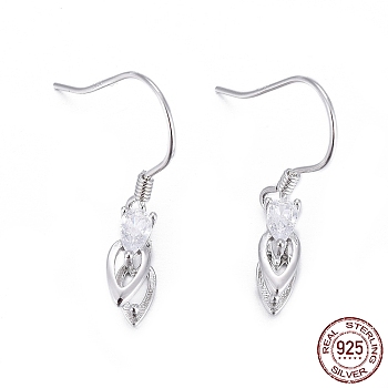 Rhodium Plated 925 Sterling Silver Earring Findings, with Micro Pave Cubic Zirconia, Bar Links and Ice Pick Pinch Bail, Teardrop, Platinum, 25.5mm, 20 Gauge, Pin: 0.8mm and 1mm