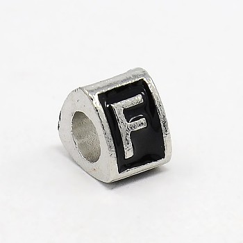 Platinum Plated Zinc Alloy Enamel European Beads, Large Hole Triangle Beads with Letter.F, 9x9x7mm, Hole: 5mm