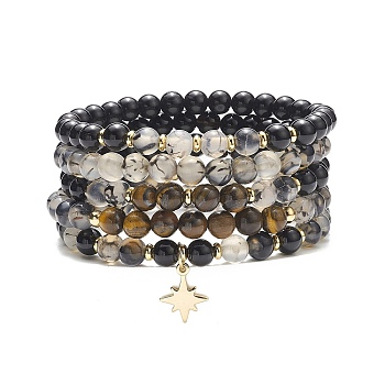 5Pcs 5 Style Natural Mixed Gemstone Round Beaded Stretch Bracelets Set, Brass Star Charms Stackable Bracelets for Women, Inner Diameter: 2 inch(5.1cm), 1Pc/style