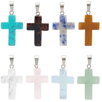 16Pcs 8 Styles Natural & Synthetic Gemstone Pendants, Religion Cross Charms, with Stainless Steel Color Tone Stainless Steel Snap On Bails, Mixed Dyed and Undyed, 29~30x18~19x5~6mm, Hole: 6x4mm, 2pcs/color