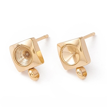 201 Stainless Steel Stud Earring Findings, with 316 Surgical Stainless Steel Pins and Vertical Loops, For Pointed Back Rhinestone, Square, Real 24K Gold Plated, 8.5x6mm, Hole: 1.6mm, Pin: 0.7mm, Tray: 4mm