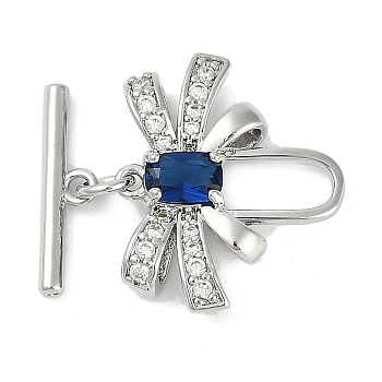 Brass Micro Pave Clear Cubic Zirconia Toggle Clasps, with Glass, Bowknot, Platinum, Bowknot: 17.5x20.5x4.5mm, Hole: 1.2mm, Bar: 17x4.5x2mm, Hole: 1.4mm