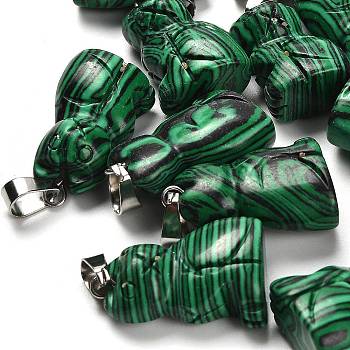 Synthetic Malachite Pendants, with 201 Stainless Steel Finding, Cat, 24~25x15~16x9~10mm, Hole: 4.5x7mm