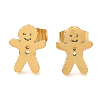 304 Stainless Steel Stud Earrings, Golden, Gingerbread Man, 10.5x8mm