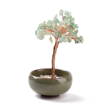 Natural Green Aventurine Chips Tree Display Decorations, with Random Color Porcelain Bowls, Copper Wire Wrapped Feng Shui Ornament for Fortune, 66x100~110mm
