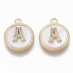 Brass Micro Pave Cubic Zirconia Pendants, with Shell, Flat Round with Letter, Nickel Free, Clear, Creamy White, Real 18K Gold Plated, Letter.A, 17x14x4mm, Hole: 1.8mm(KK-T062-04A-NF)