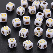 Opaque White Acrylic Beads, Metal Enlaced, Cube with Letters, Letter.D, 4.5mm, Hole: 2mm, about 5000pcs/500g(MACR-Q242-010D)