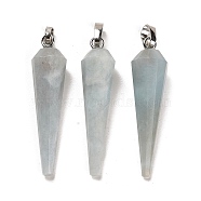 Natural Aquamarine Pointed Pendants, Faceted Cone Charms with Platinum Plated Barss Snap on Bails, 35~35.5x8~8.5mm, Hole: 6.5x4mm(G-D089-01P-08)