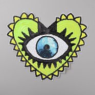 Heart with Evil Eye Glitter Sequin Computerized Embroidery Iron on Cloth Patches, Costume Accessories, Sewing Craft Decoration, Green Yellow, 240x281x1mm(PATC-WH0007-24B-02)