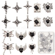 16Pcs 8 Style Rack Plating Alloy Glass Pendants, Cadmium Free & Lead Free & Nickle Free, Star & Spider Web & Heart & Rectangle Charms, Black, 20~30x14~28x2.5~5mm, Hole: 1.2~2.5mm, 2Pcs/style(FIND-SC0005-03)