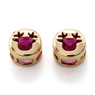 Real 18K Gold Plated Brass Inlaid Cubic Zirconia Multi-Strand Links, Flat Round with Christmas Reindeer/Stag/Deer, Medium Violet Red, 8x5.5mm, Hole: 3.2x2.2mm(KK-A154-01G-F)