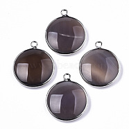 Natural Grey Agate Pendants, with Platinum Plated Brass Findings, Dyed & Heated, Flat Round, Gray, 27~28x23~24x7~9.5mm, Hole: 2mm(G-N326-87A-03)