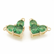 Brass Cubic Zirconia Charms, Real 18K Gold Plated, Heart, Green, 9.5x12x4.5mm, Hole: 1mm(X-KK-S340-12G-03)