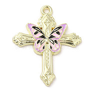 Light Gold Plated Alloy Enamel Pendants, Cross with Butterfly Charm, Lilac, 30x24x2mm, Hole: 1.6mm(ENAM-L041-04C)