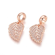 Brass Micro Pave Cubic Zirconia European Dangle Charms, Large Hole Pendants, Leaf, Clear, Rose Gold, 26mm, Leaf: 17x12.5x1.5mm, Hole: 5mm(X-ZIRC-E163-17RG)