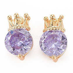 Brass Micro Pave Cubic Zirconia Charms, Real 18K Gold Plated, Nickel Free, Crown, Lilac, 10x6x5mm, Hole: 1mm(KK-N232-301A)