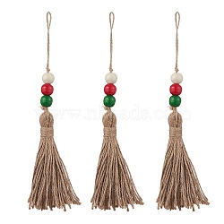 Christmas Natural Wood Bead Pendant Decoraiton, Jute Cord Tassel Hanging Ornament, Tan, 250mm, 3pcs/set(HJEW-JM02350)