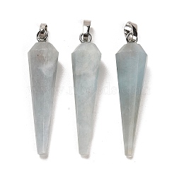 Natural Aquamarine Pointed Pendants, Faceted Cone Charms with Platinum Plated Barss Snap on Bails, 35~35.5x8~8.5mm, Hole: 6.5x4mm(G-D089-01P-08)