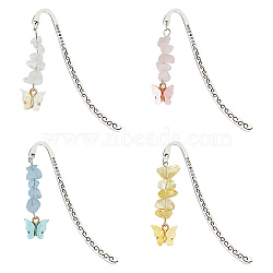 4Pcs 4 Style Butterfly Resin Charm Bookmarks with Natural Gemstone & Lampwork Beads, Tibetan Style Alloy Bookmark, Antique Silver, 130mm, 1pc/style(AJEW-GO00001)