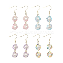 Glass Seed & Shell Pearl Beaded Flower Dangle Earrings, Real 18K Gold Plated 304 Stainless Steel Wire Wrap Jewelry, Mixed Color, 55x14mm(EJEW-JE05275)