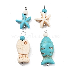 4Pcs 4 Styles Dyed Synthetic Turquoise Starfish & Fish Connector Charms, with 304 Stainless Steel Double Loops, Stainless Steel Color, Mixed Color, 20~29x11~14x5~6mm, Hole: 3x2mm, 1pc/style(PALLOY-JF02955)