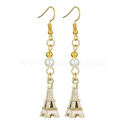 Alloy Enamel Eiffel Tower Dangle Earrings with Imitation Pearl Beaded, Golden Long Drop Earrings with Iron Earring Pins, Misty Rose, 64x9mm(EJEW-JE05422-01)