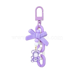 Bowknot & Bear Acrylic Pendant Decorations, with Alloy Swivel Snap Hooks Clasps, for Bag Ornaments, Lilac, 89mm, Pendants: 50~61x14~34x4mm(HJEW-JM01737-01)