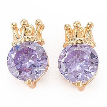 Brass Micro Pave Cubic Zirconia Charms, Real 18K Gold Plated, Nickel Free, Crown, Lilac, 10x6x5mm, Hole: 1mm